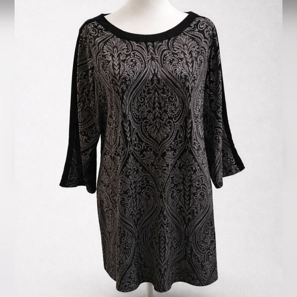 Susan Graver Slinky Knit Tunic Top, Womens XL, Black & Gray, Gold Details, Artsy